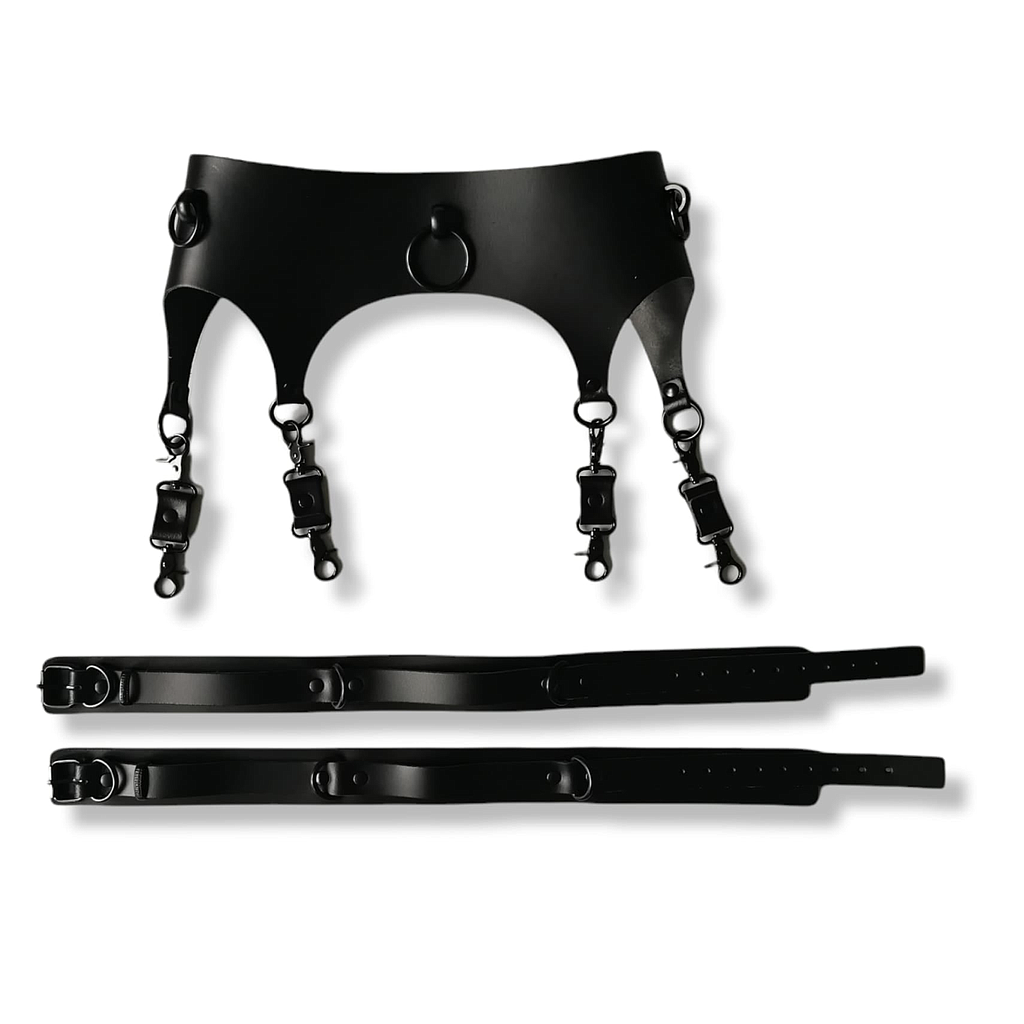 PROVOCATEUR LEATHER GARTER + THIGH SET RAVEN